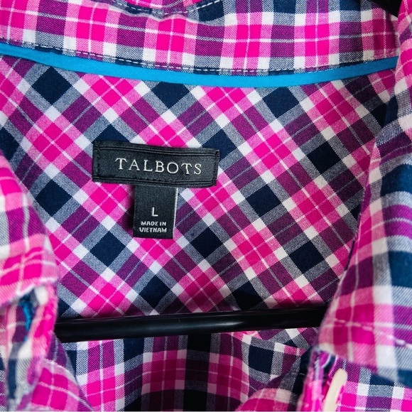 Talbots plaid button down shirt size L pink blue long sleeve collards Classic - Picture 3 of 7